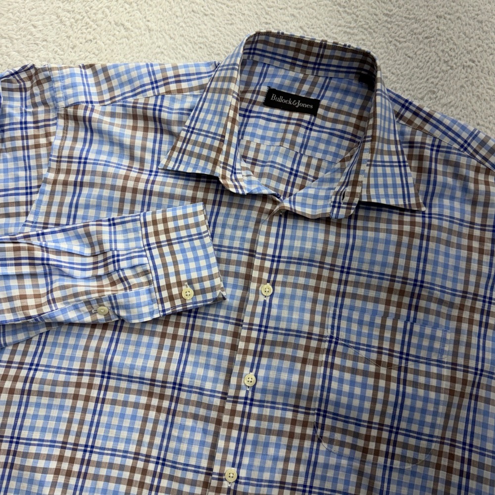 Bullock & Jones Mens Blue Brown Plaid Long Sleeve Button Down Shirt Size L USA
